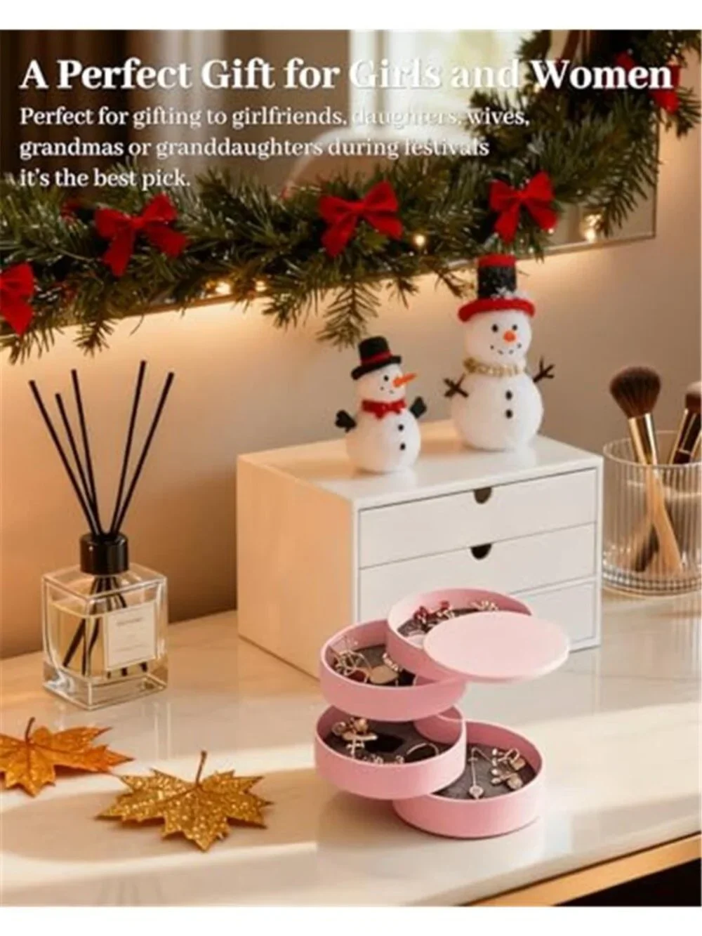 Pink Rotating Jewelry Organizer Box 4 Layer Travel Case Rings Earrings Gift